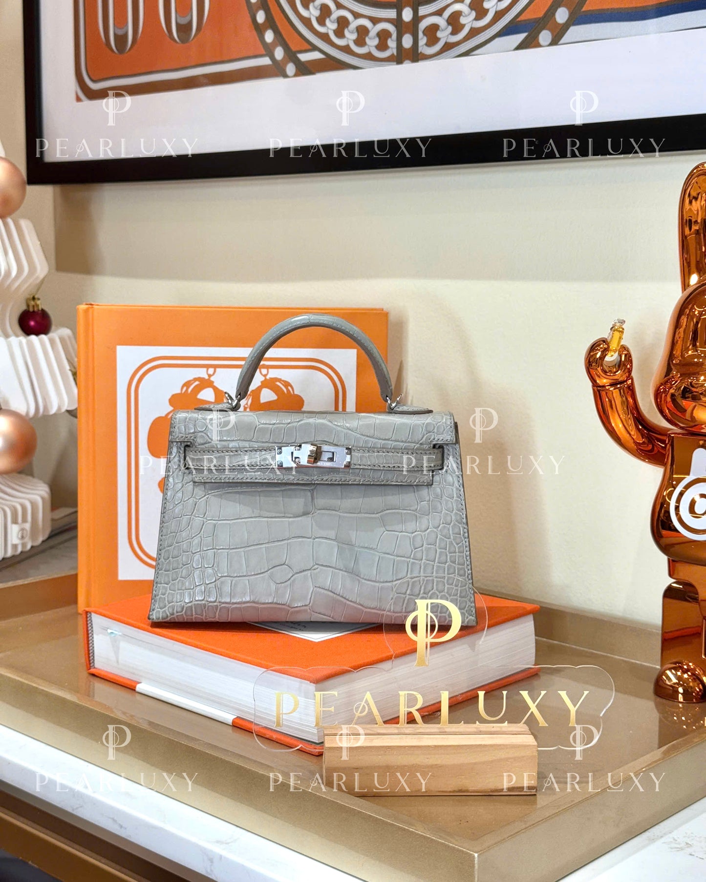 Kelly mini Alligator Matte - Gris perle