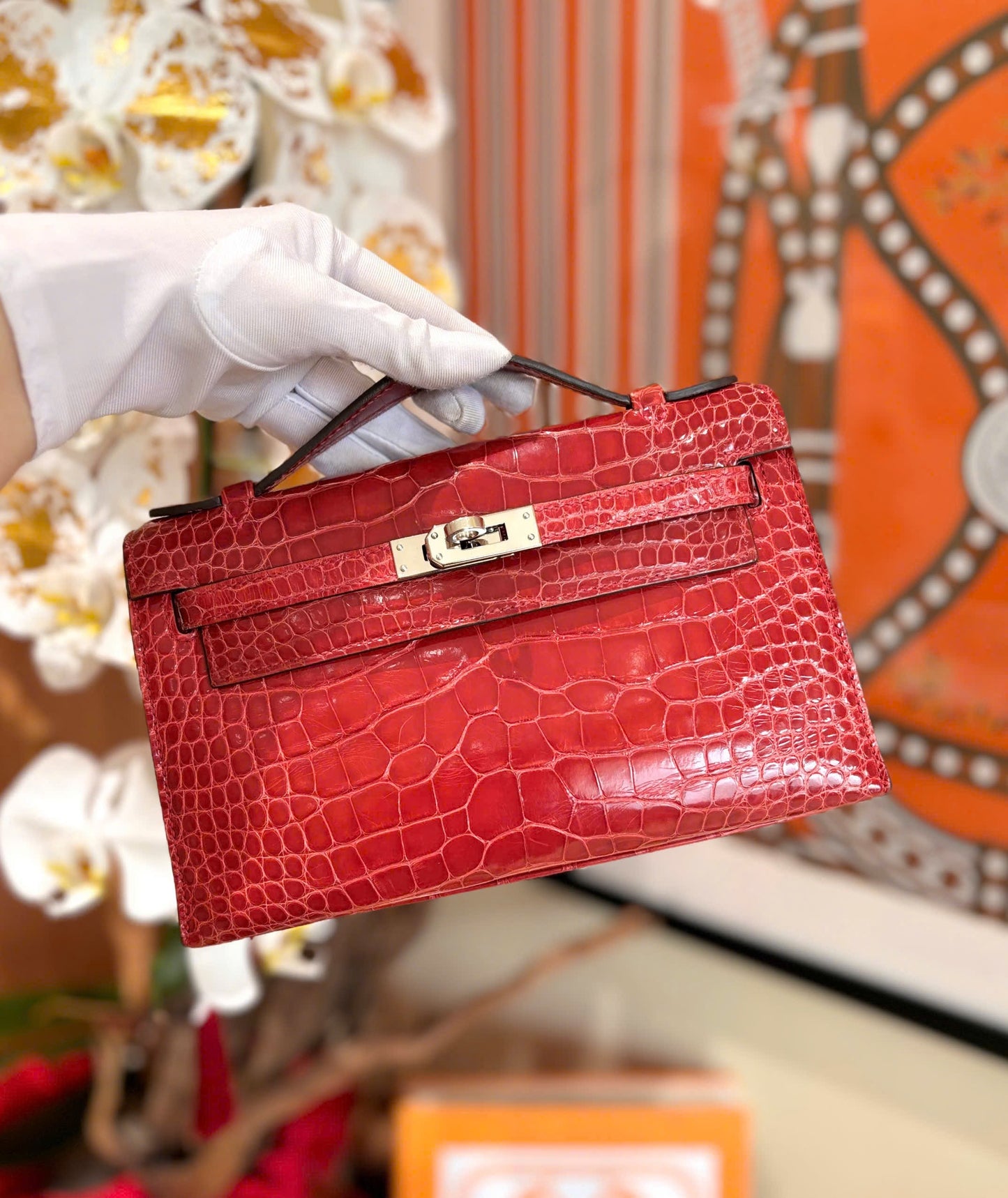 Kelly Pochette Shiny Alligator - Rouge vif